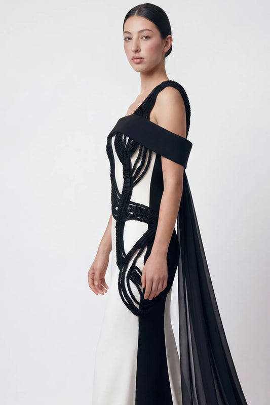 Asymmetrical Embroidered Crepe Gown