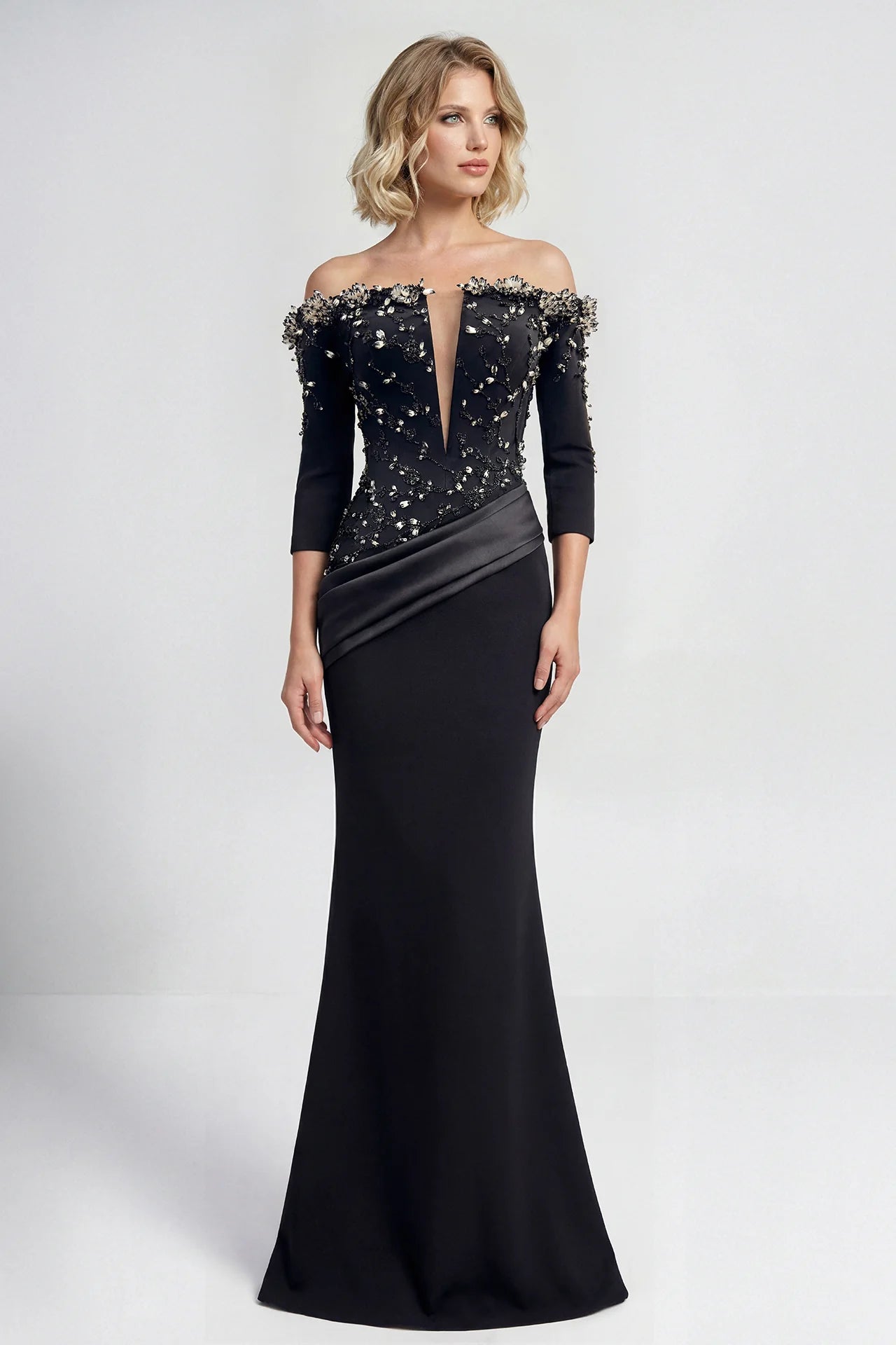 Off-Shoulder Embroidered Crepe Gown