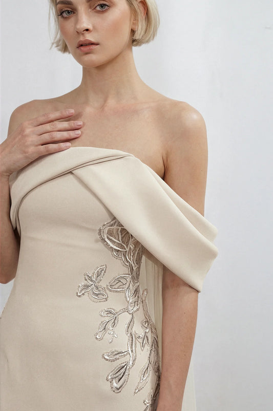 Draped Cape Column Crepe Gown