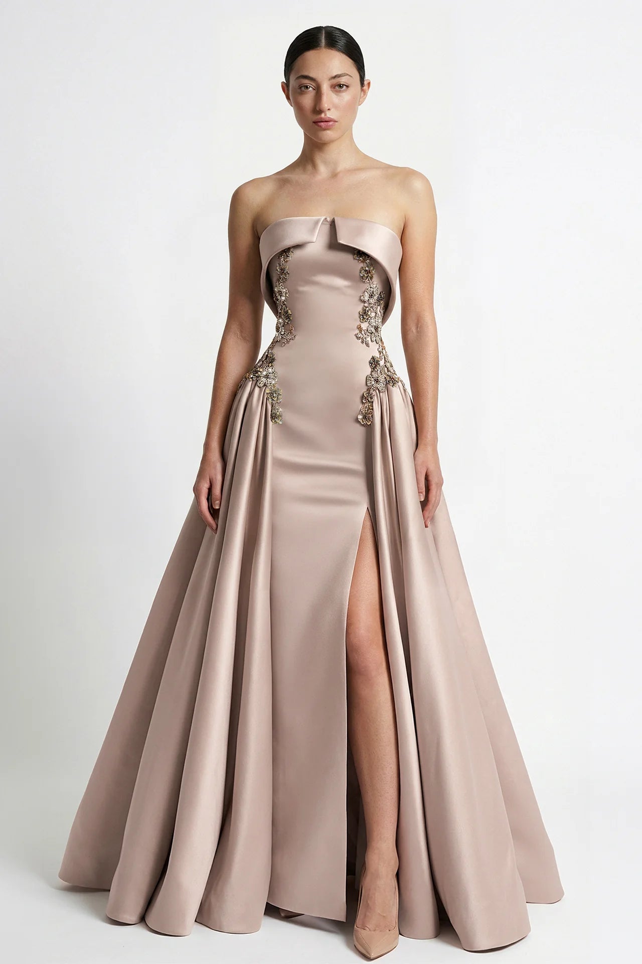 Strapless Embellished Satin Gown with Overskirt