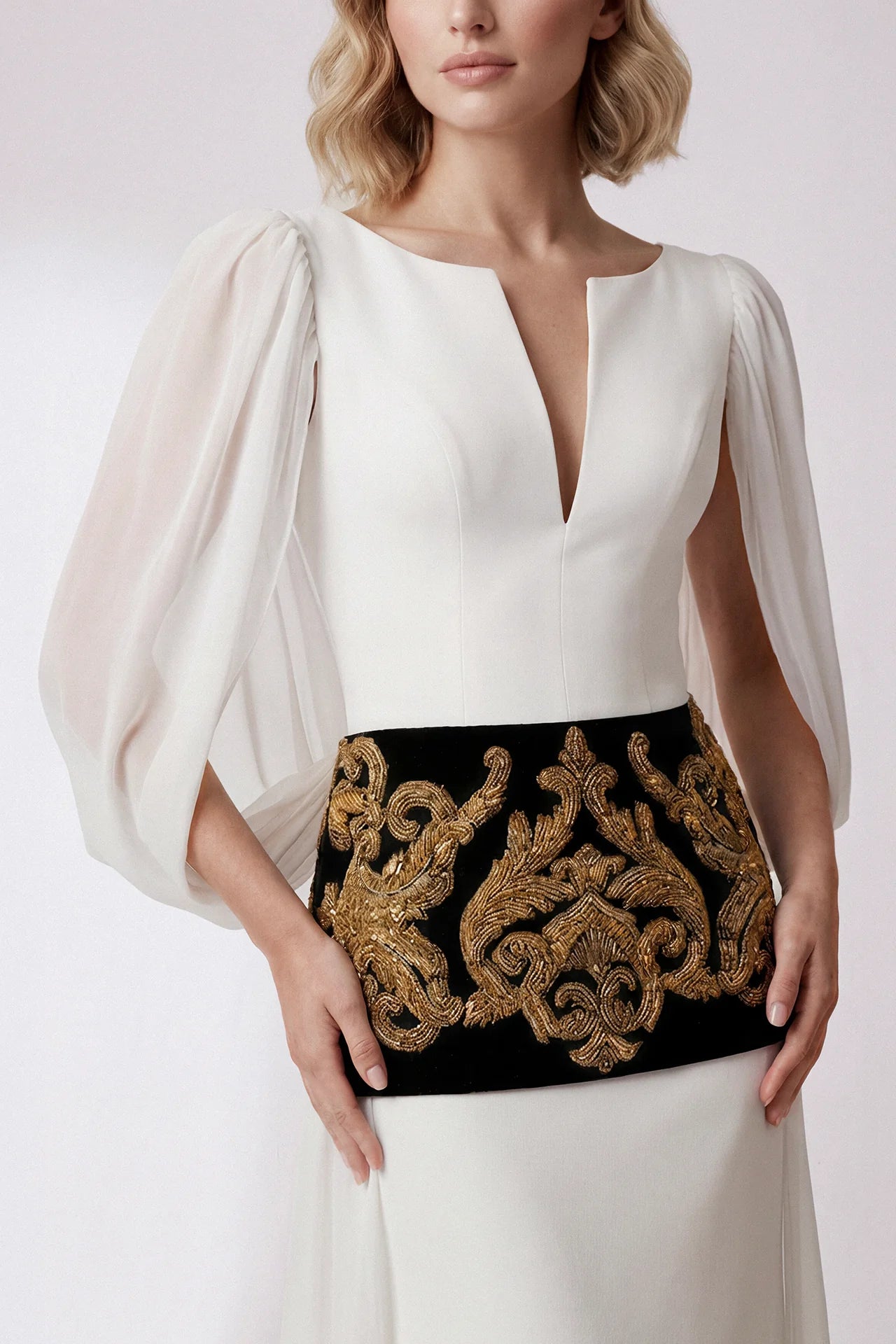 Embroidered Waist Cape Sleeve Gown