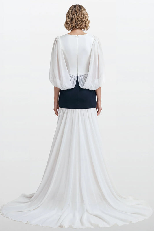 Embroidered Waist Cape Sleeve Gown