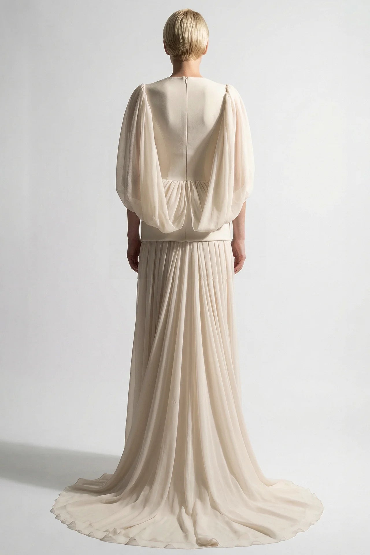 Embroidered Peplum Crepe Gown with Cape Sleeves
