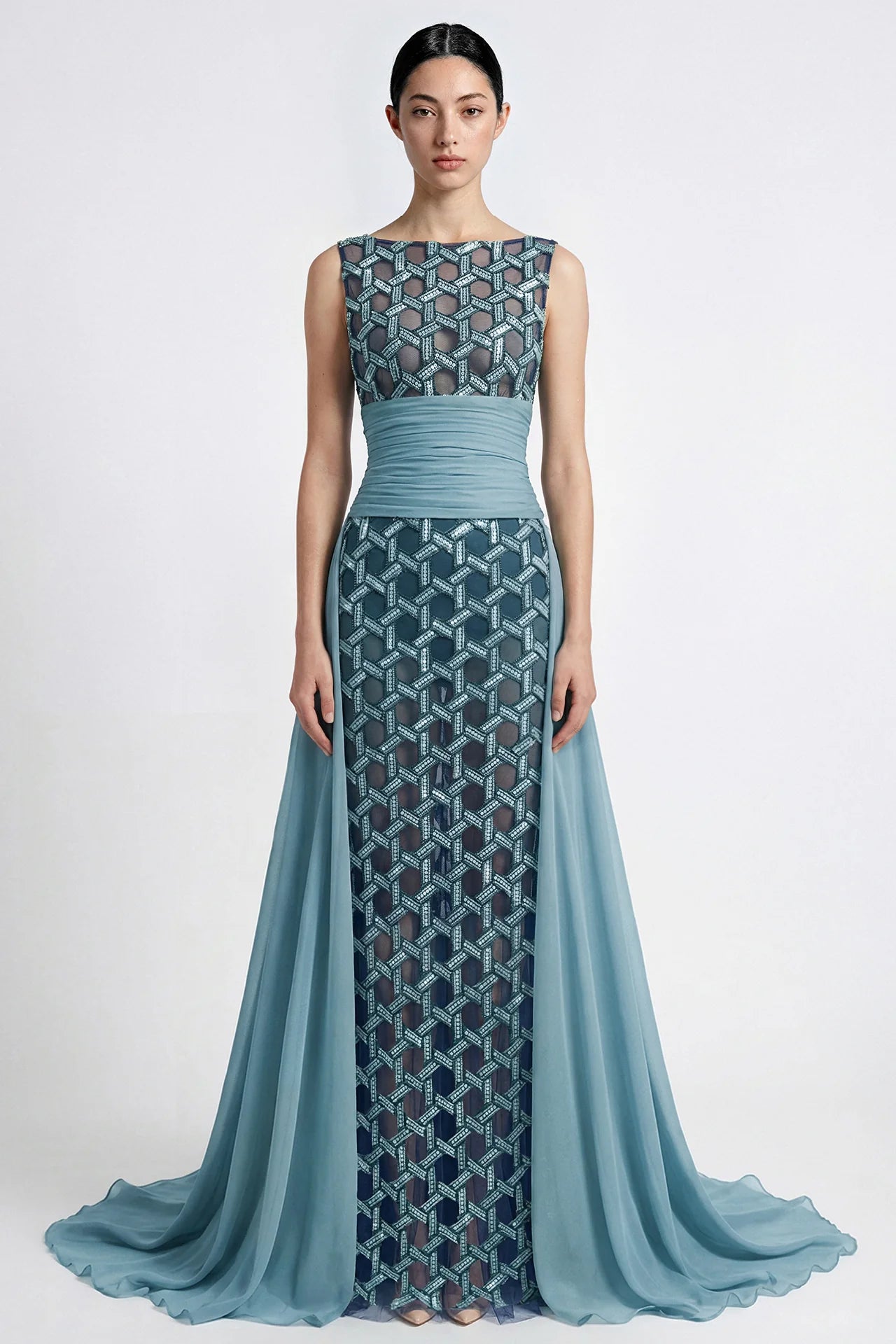 Embroidered Panel Gown with Chiffon Overskirt