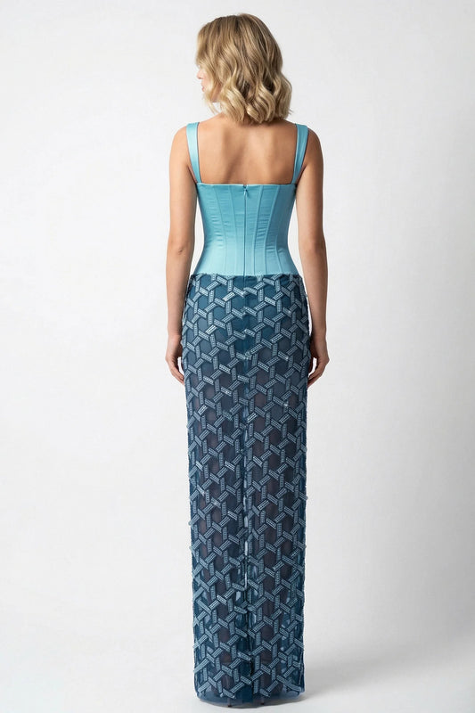 Structured Bodice Embroidered Skirt Gown