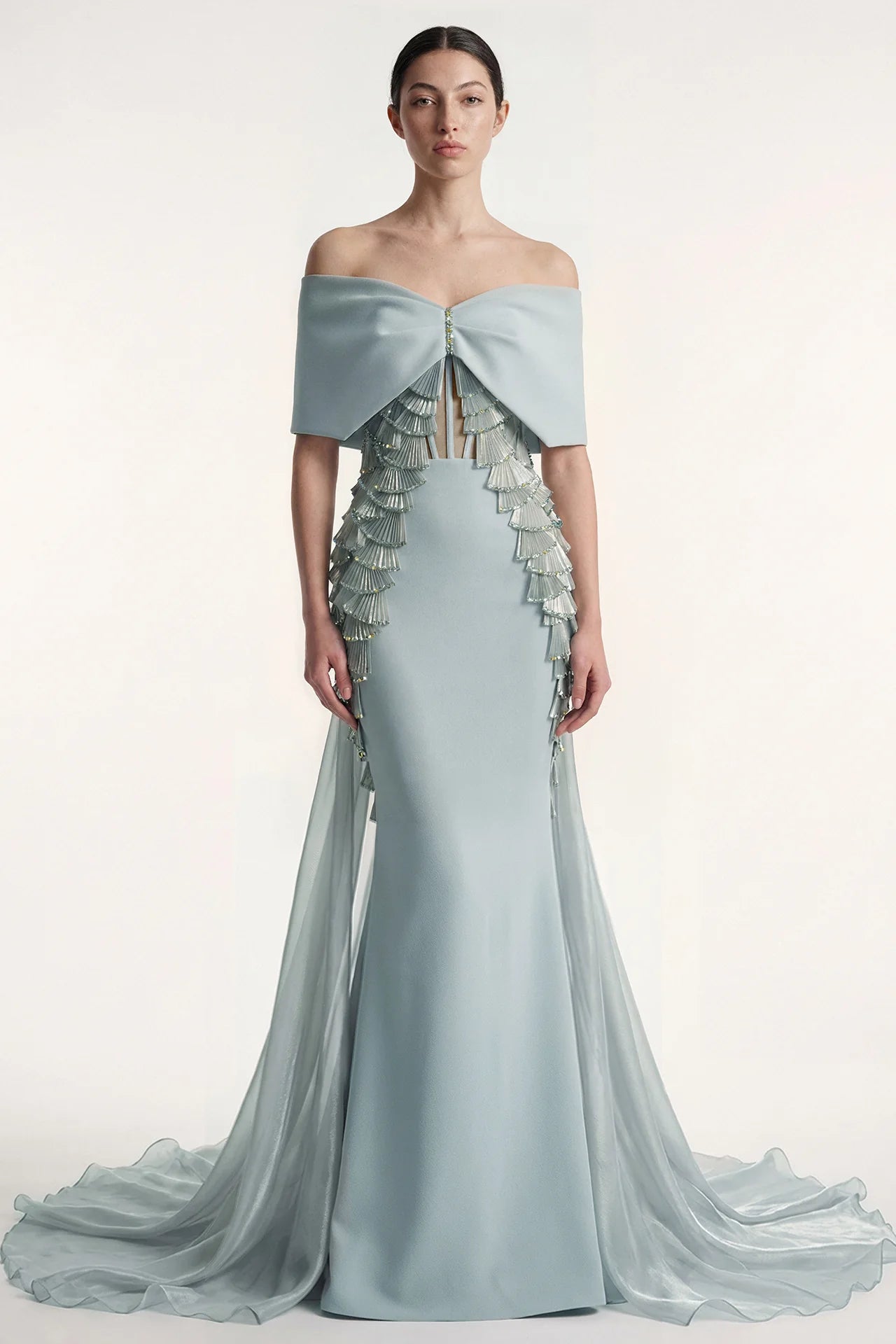 Draped Off-Shoulder Column Gown