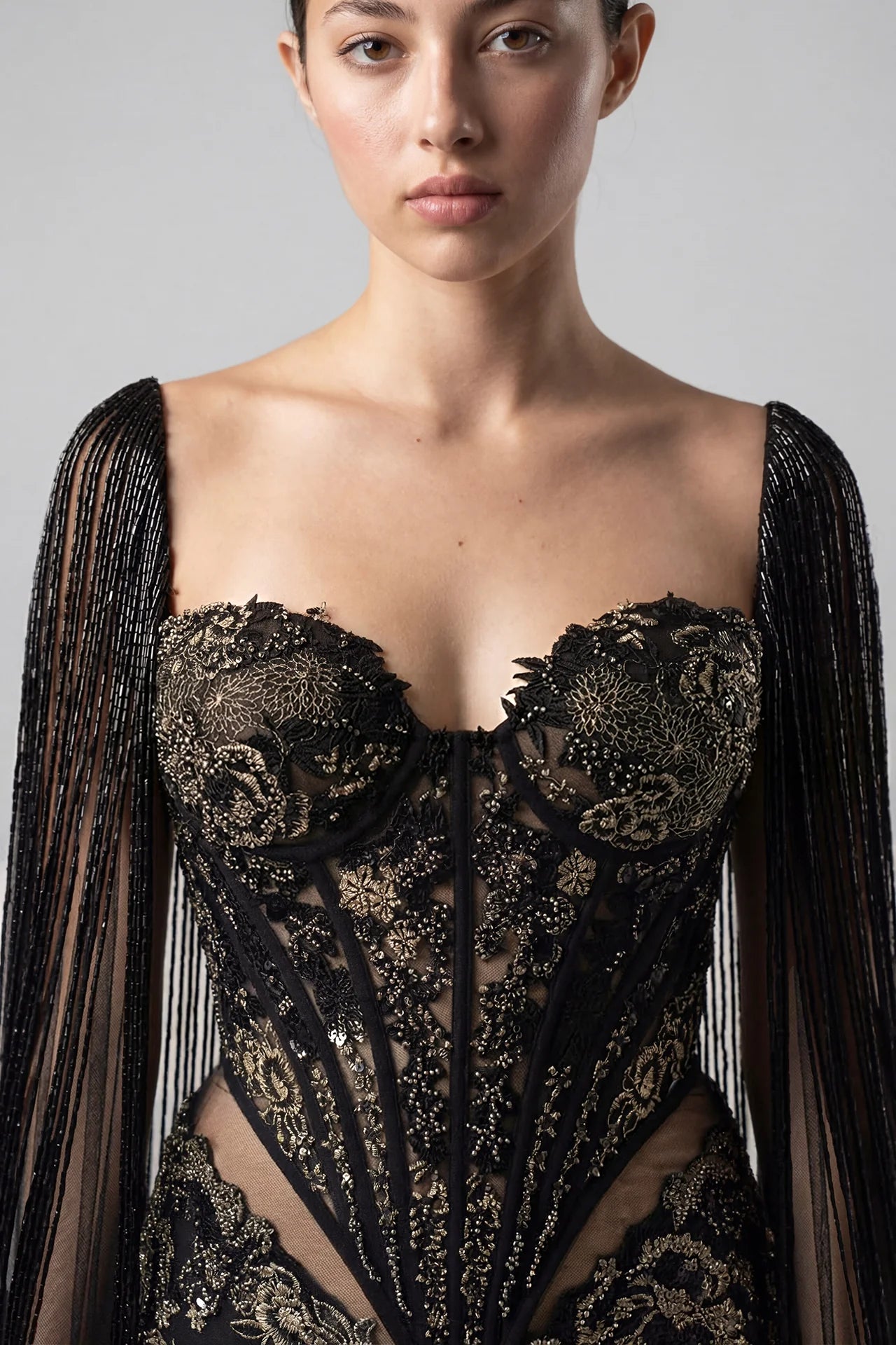 Bugle Bead Fringe Tulle Column Dress