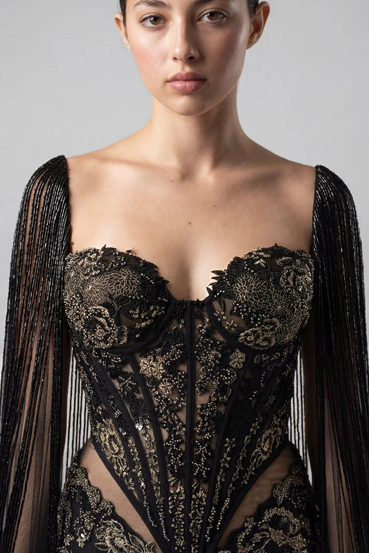 Bugle Bead Fringe Tulle Column Dress
