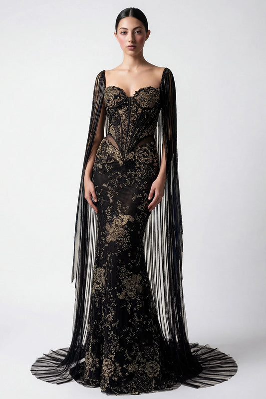 Bugle Bead Fringe Tulle Column Dress