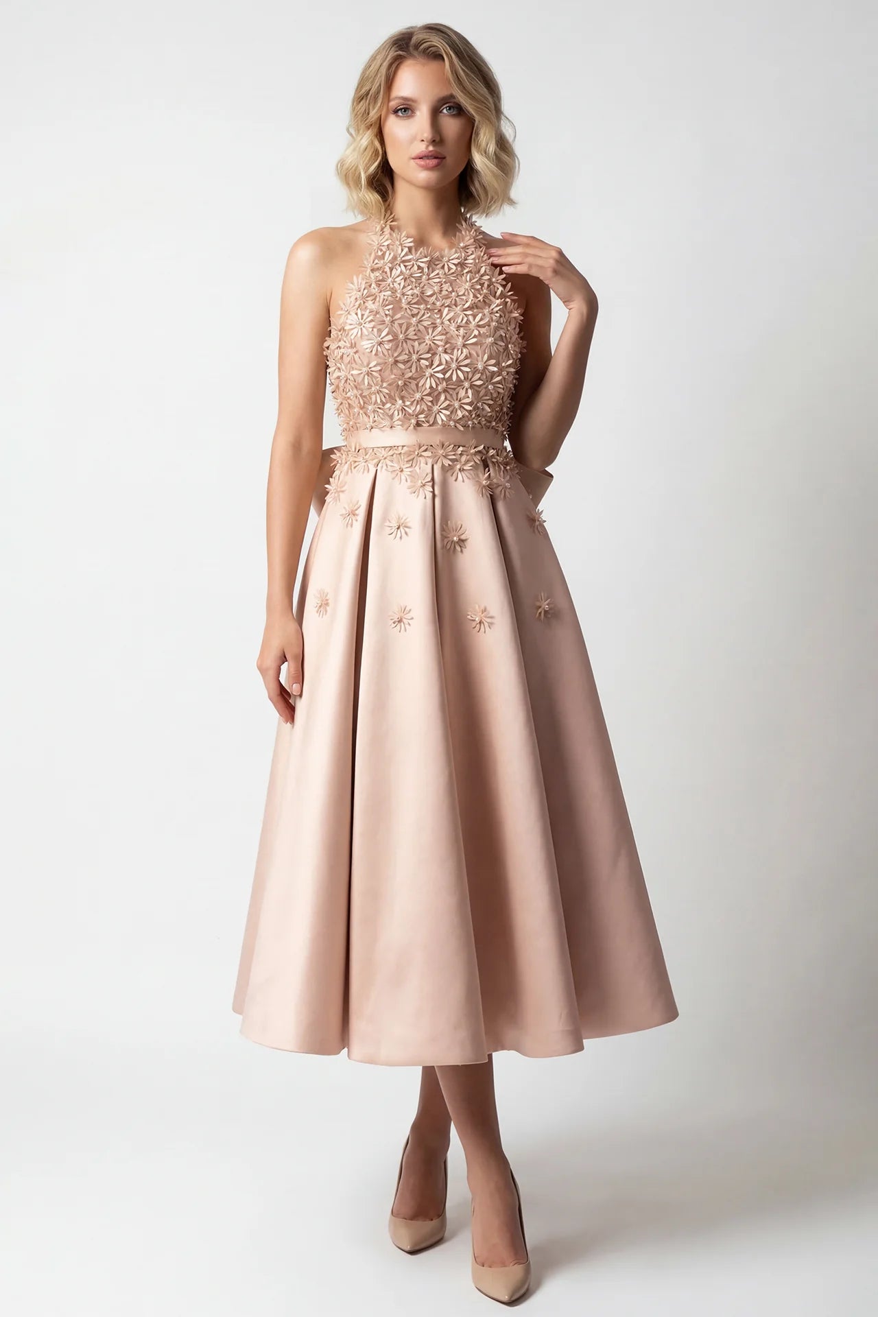 Laser-Cut Floral Mikado Midi Dress