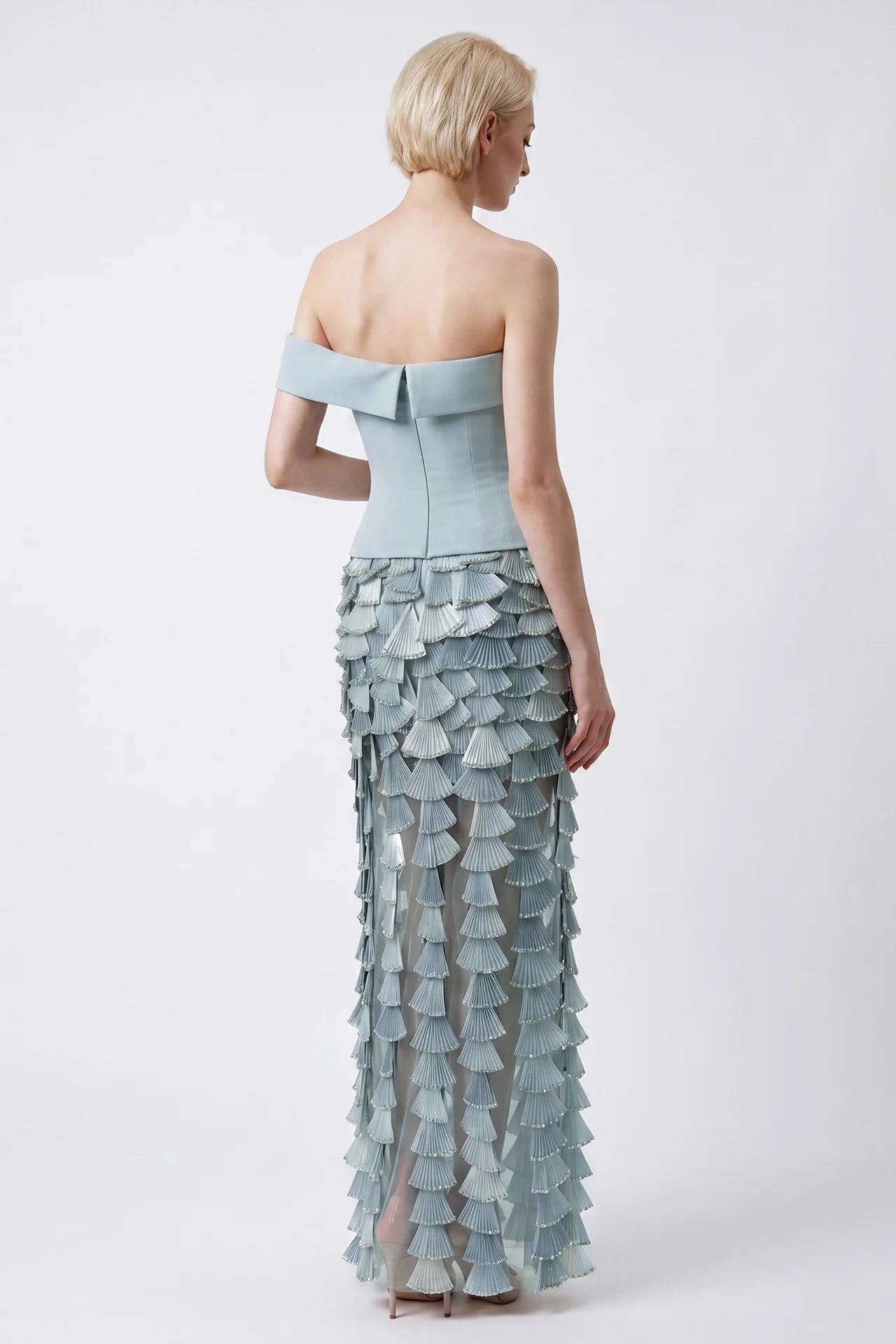 Off-Shoulder Corset Gown with Pleated Embellished Skirt