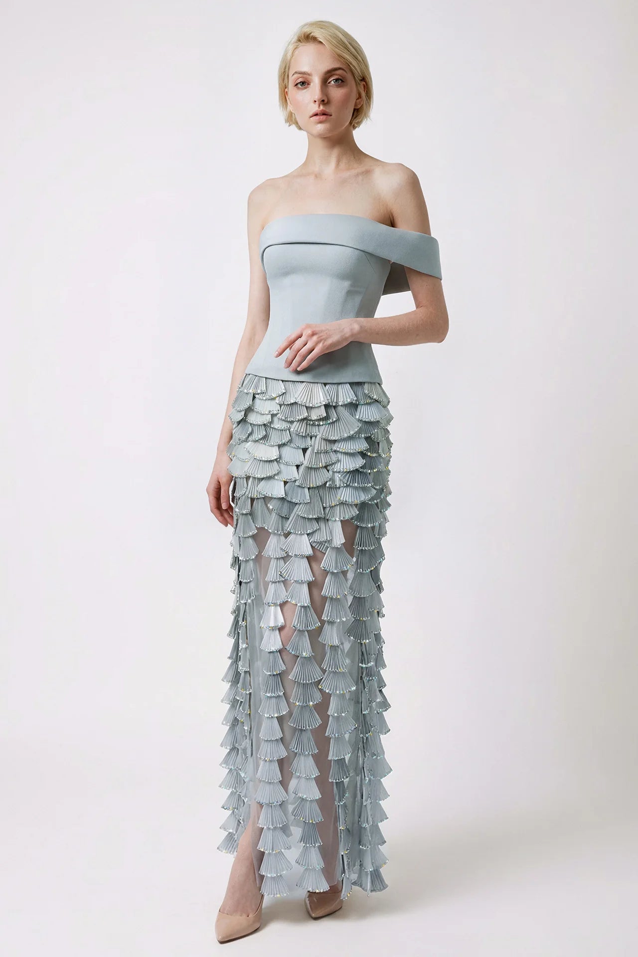 Off-Shoulder Corset Gown with Pleated Embellished Skirt