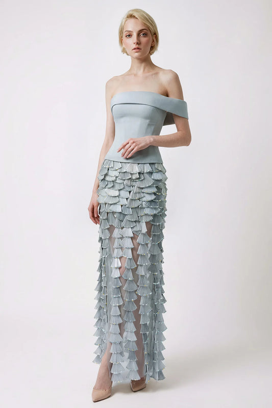 Off-Shoulder Corset Gown with Pleated Embellished Skirt