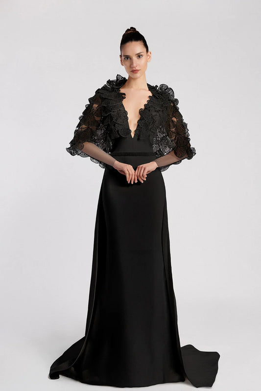 Fan Sleeve Black Evening Dress