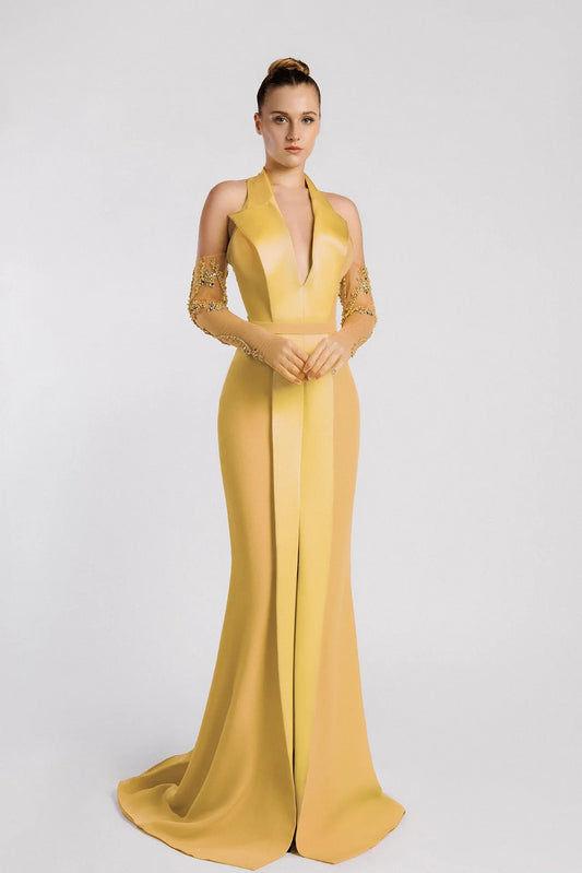Ochre Halter Neck Mermaid Evening Dress