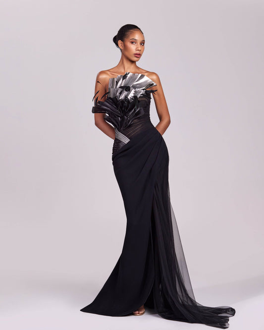 Enchanting Feathered Neckline Black Metallic Dress