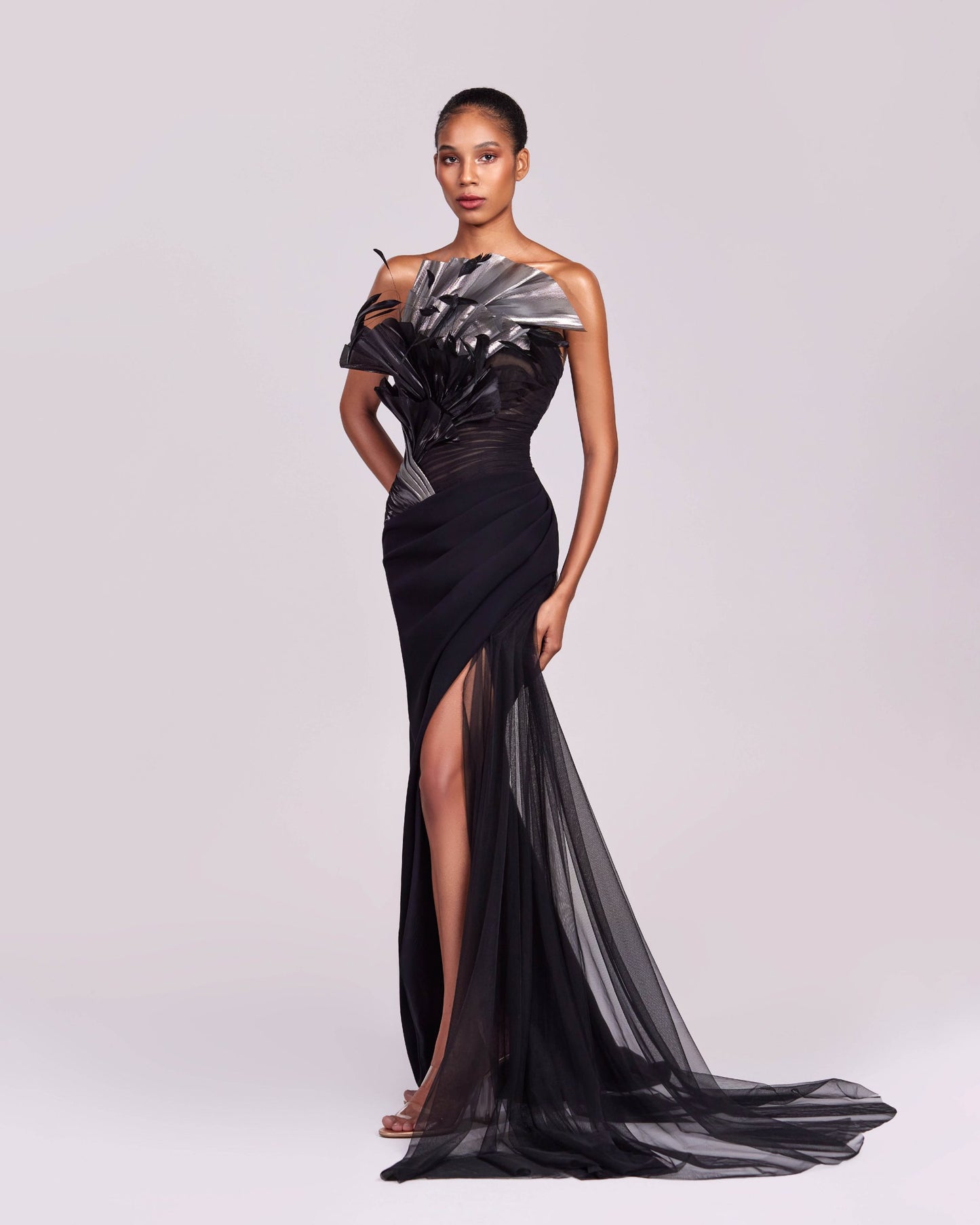 Enchanting Feathered Neckline Black Metallic Dress