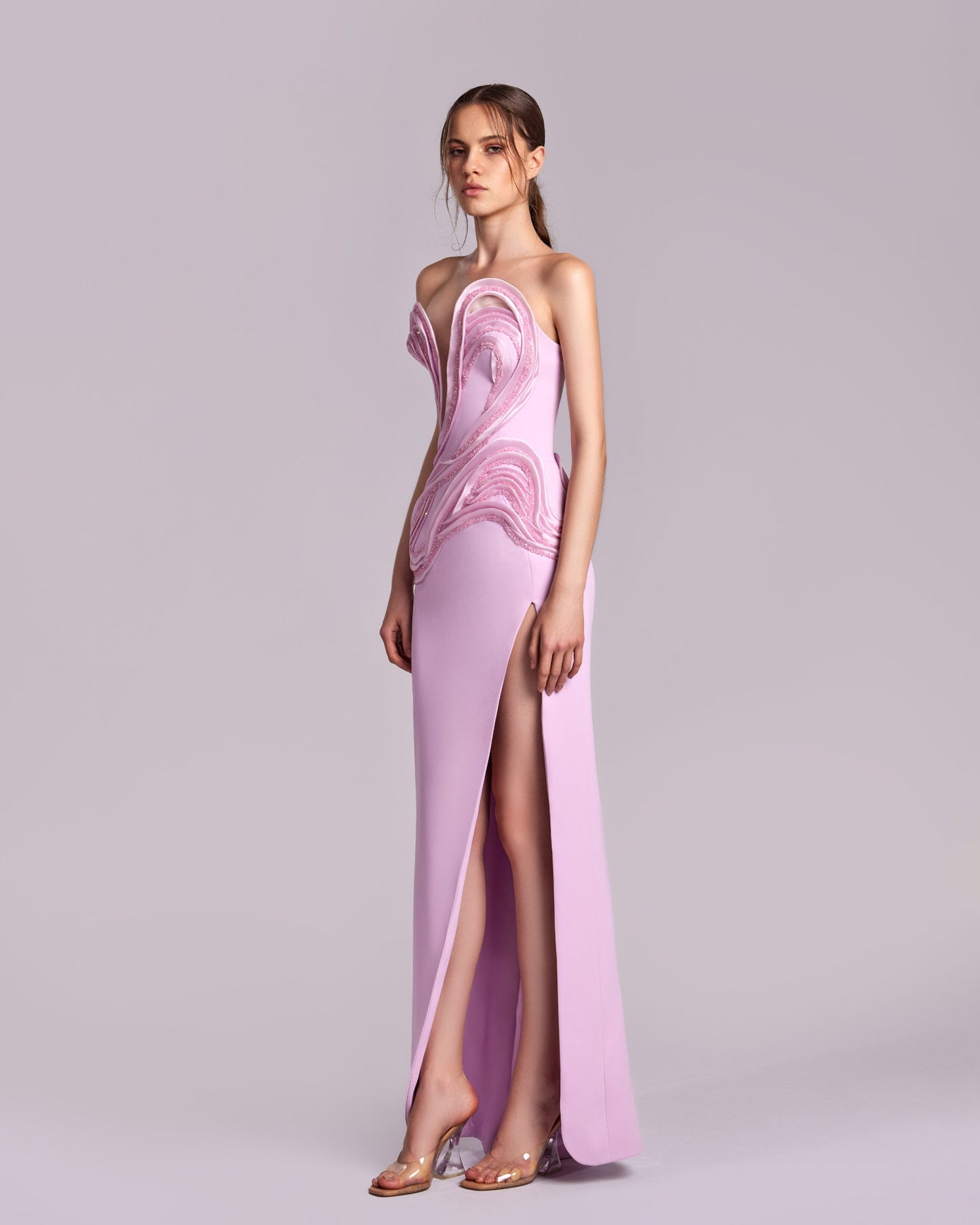 Sculptured Pink Dress with Organza and Crystal Inserts
