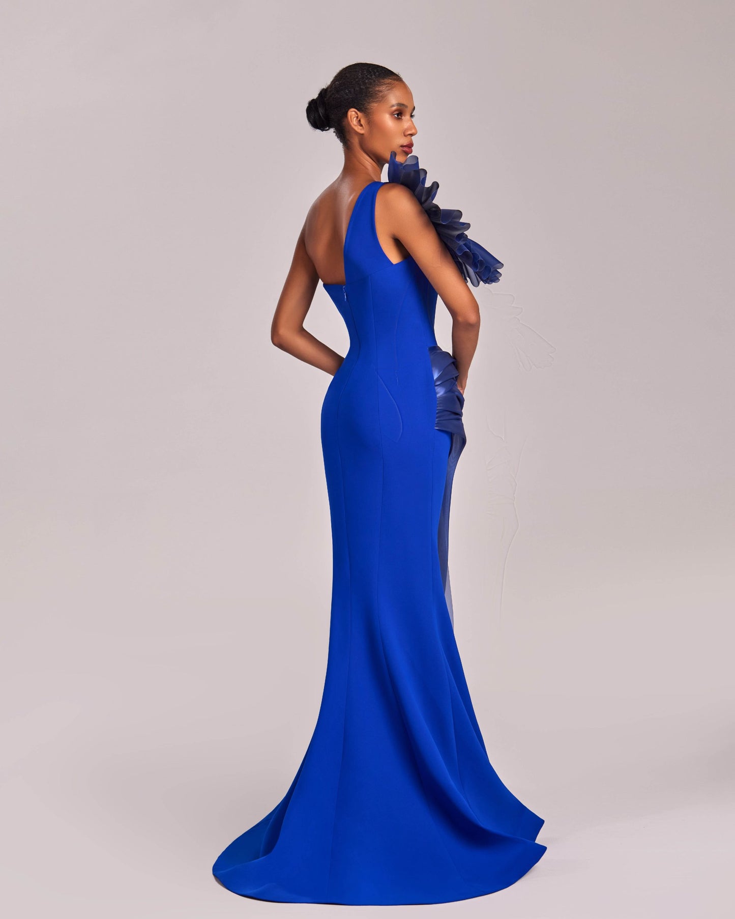 Shiny One Shoulder Draped Organza Blue Mermaid Dress