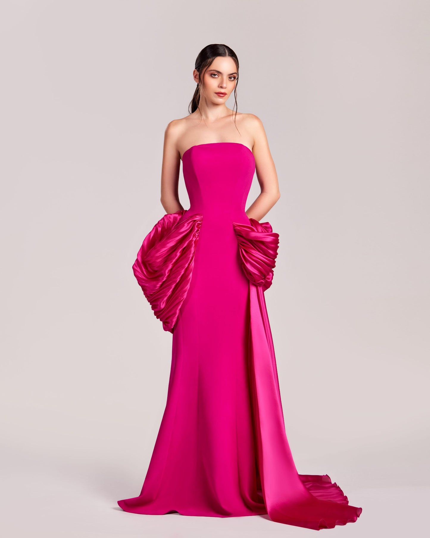 Vibrant Strapless Fuchsia Dress with Exquisite Draped Organza Accents