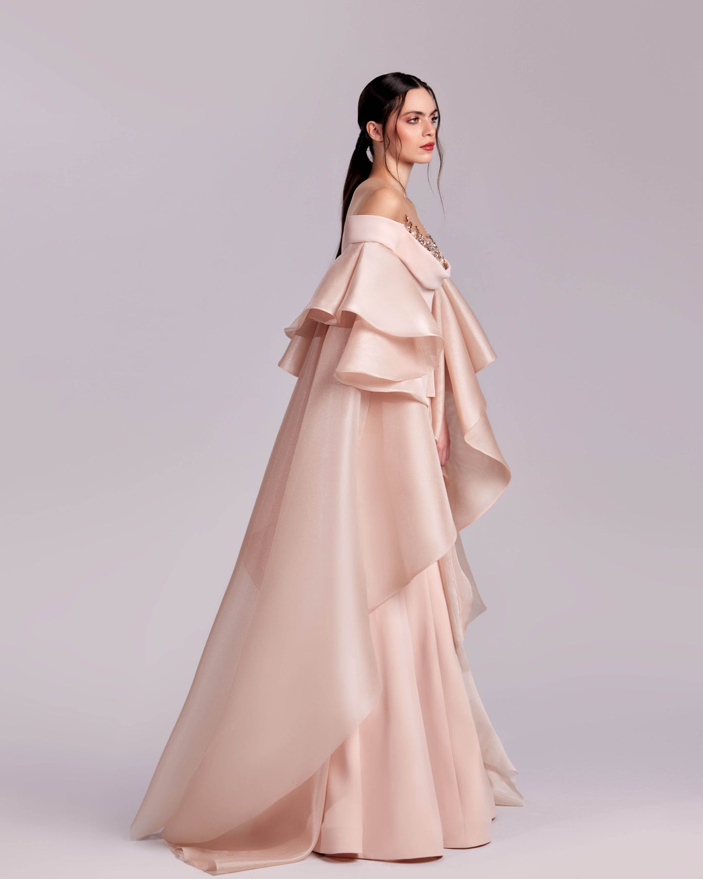 Majestic Embellished Pink Gown with Cascading Sleeves