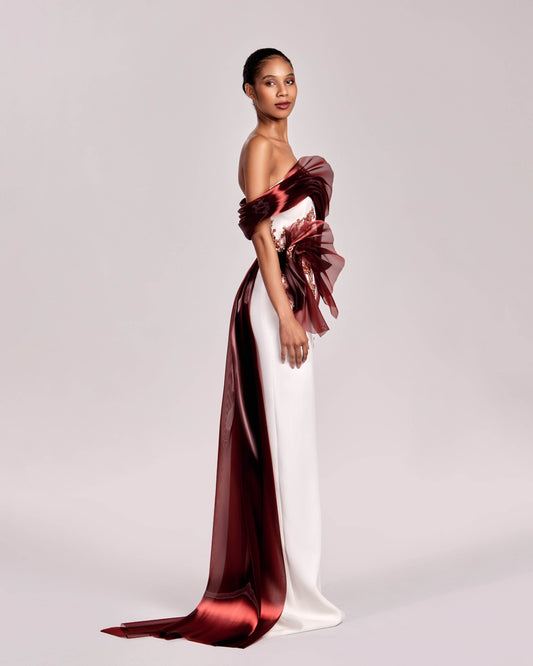 Off-White Gown with Burgundy Red Organza and Lace