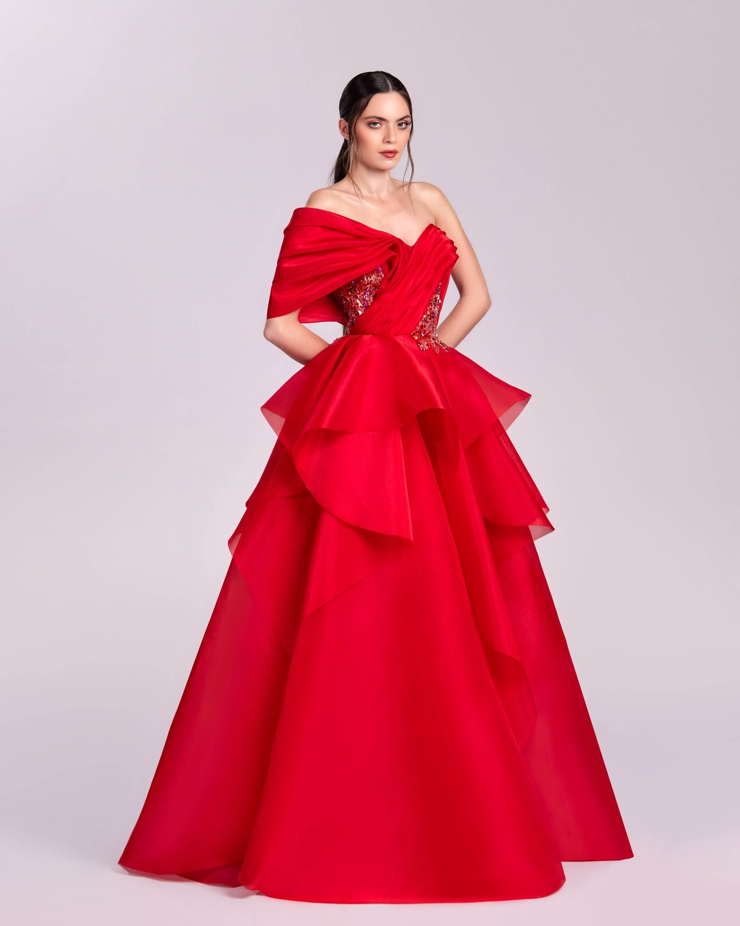Off-Shoulder Red Ball Gown with Embellished Bodice