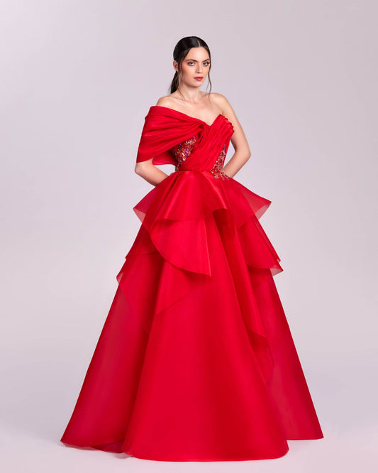 Off-Shoulder Red Ball Gown with Embellished Bodice