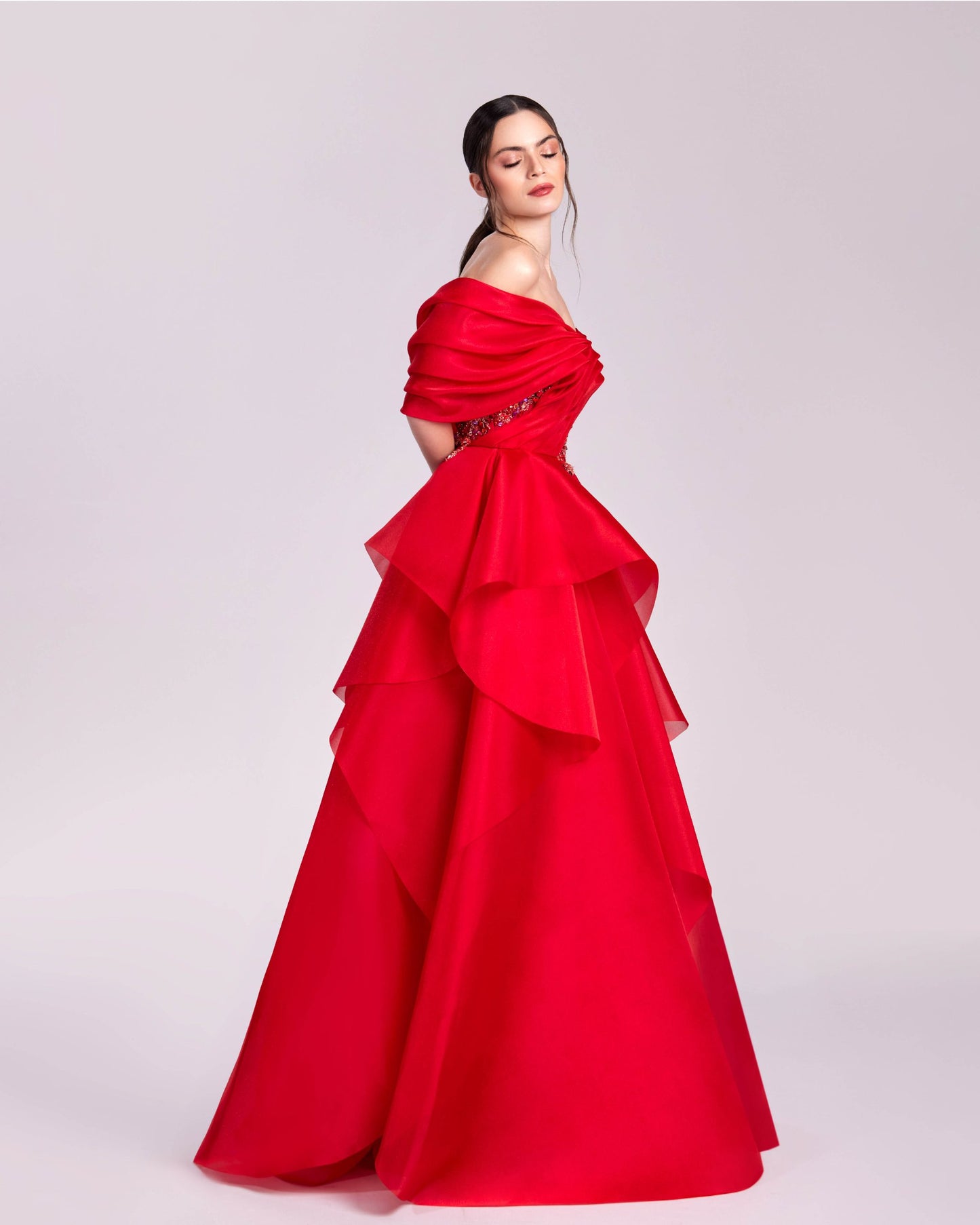 Off-Shoulder Red Ball Gown with Embellished Bodice