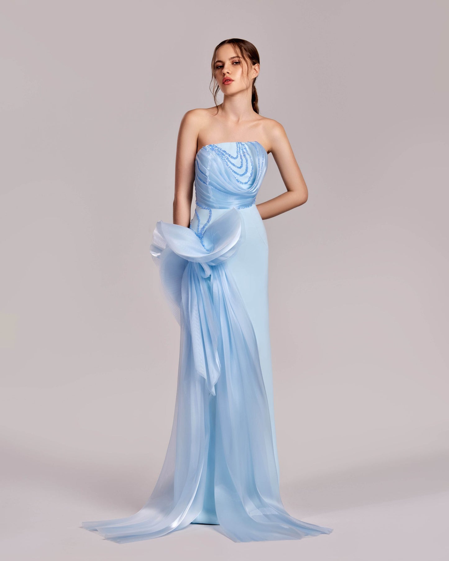 Ice Blue Strapless Dress with Crystal Trims and Manipulated Organza
