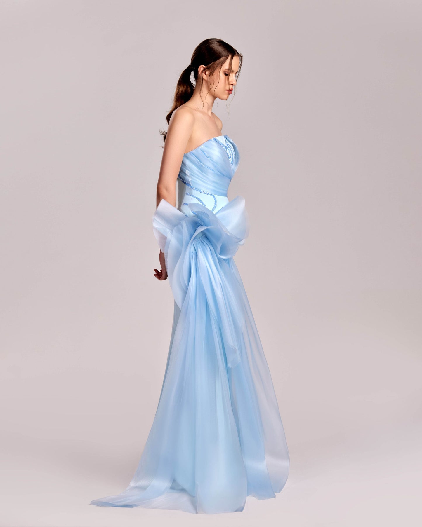Ice Blue Strapless Dress with Crystal Trims and Manipulated Organza