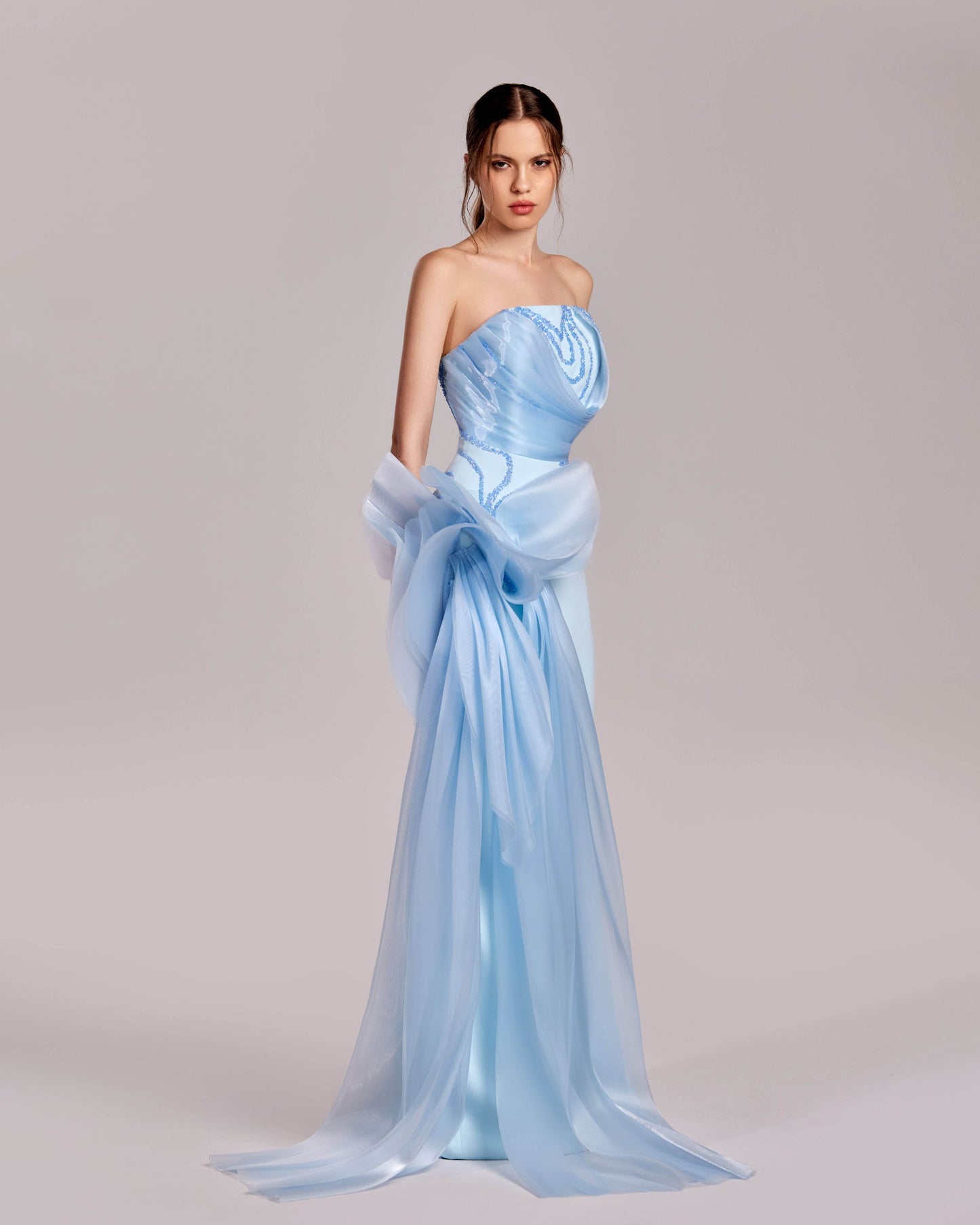 Ice Blue Strapless Dress with Crystal Trims and Manipulated Organza