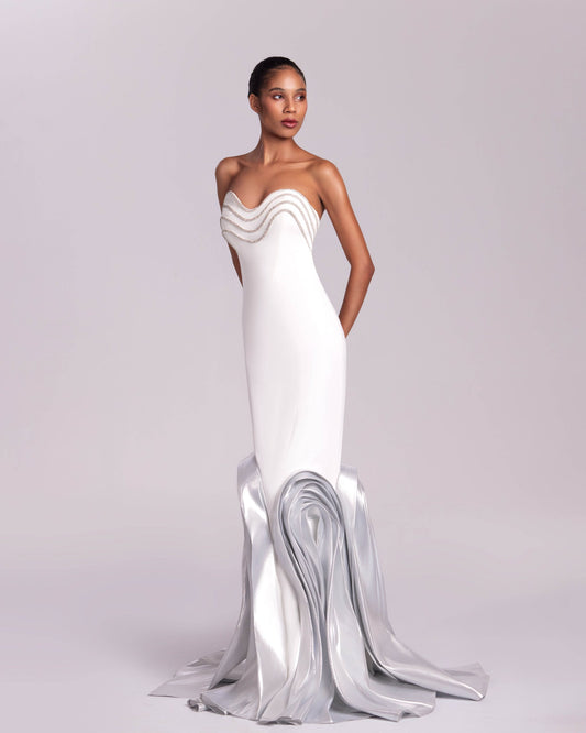 Wave-like Crystalized White Mermaid Gown with Metallic details