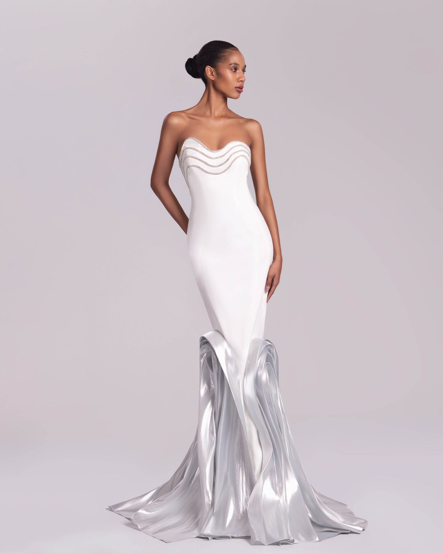 Wave-like Crystalized White Mermaid Gown with Metallic details