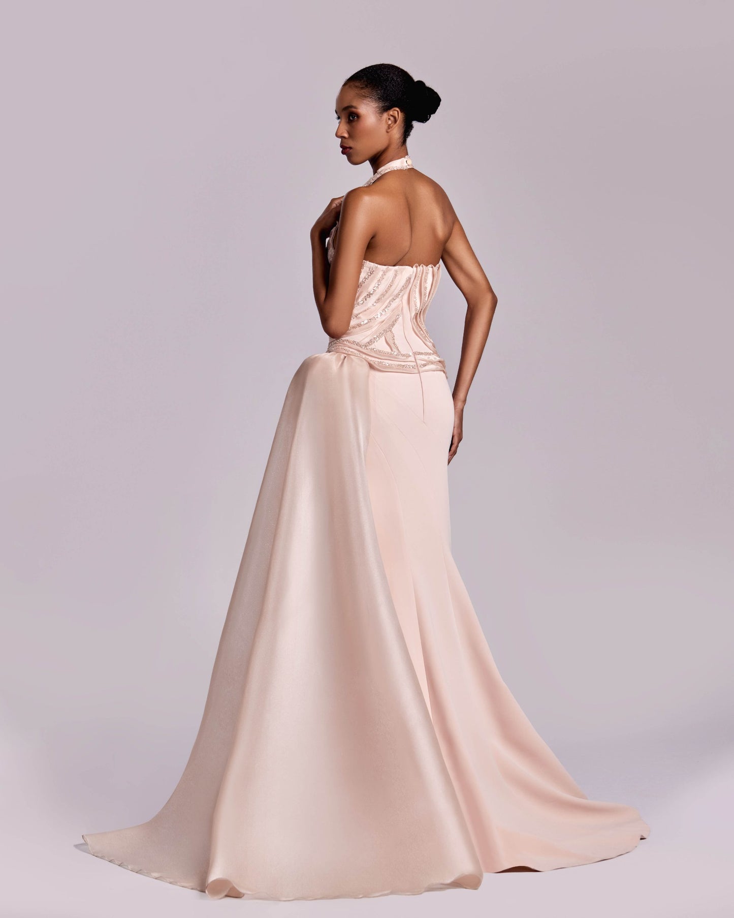Embellished Halter-Neck Pink Nude Dress With a Flowing Train