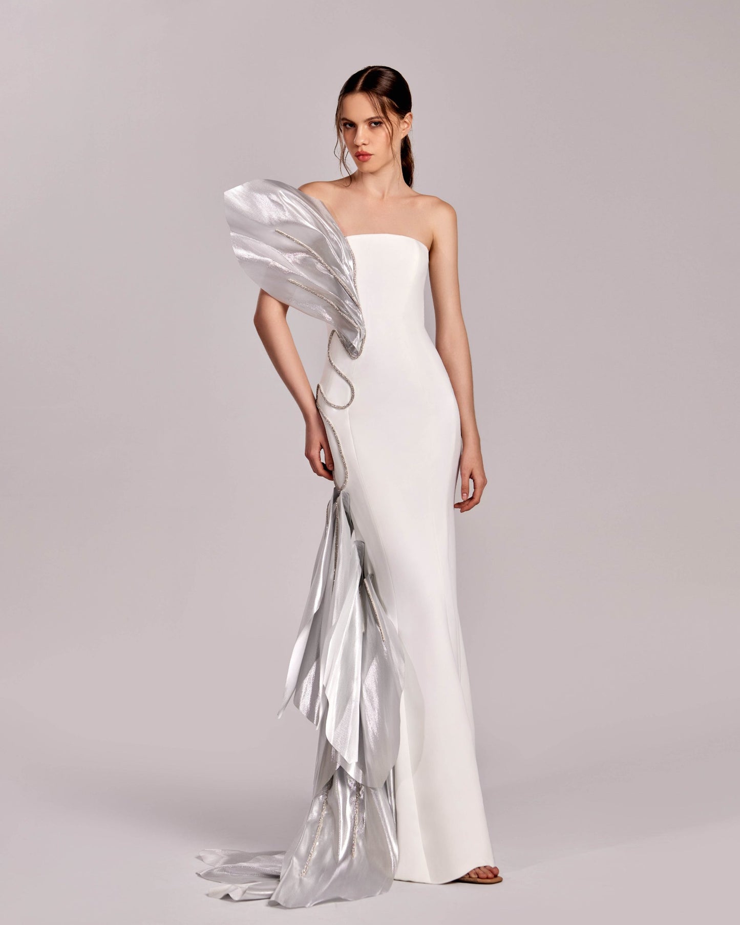Luminous Metallic with Crystal Trims Off-White and Silver dress