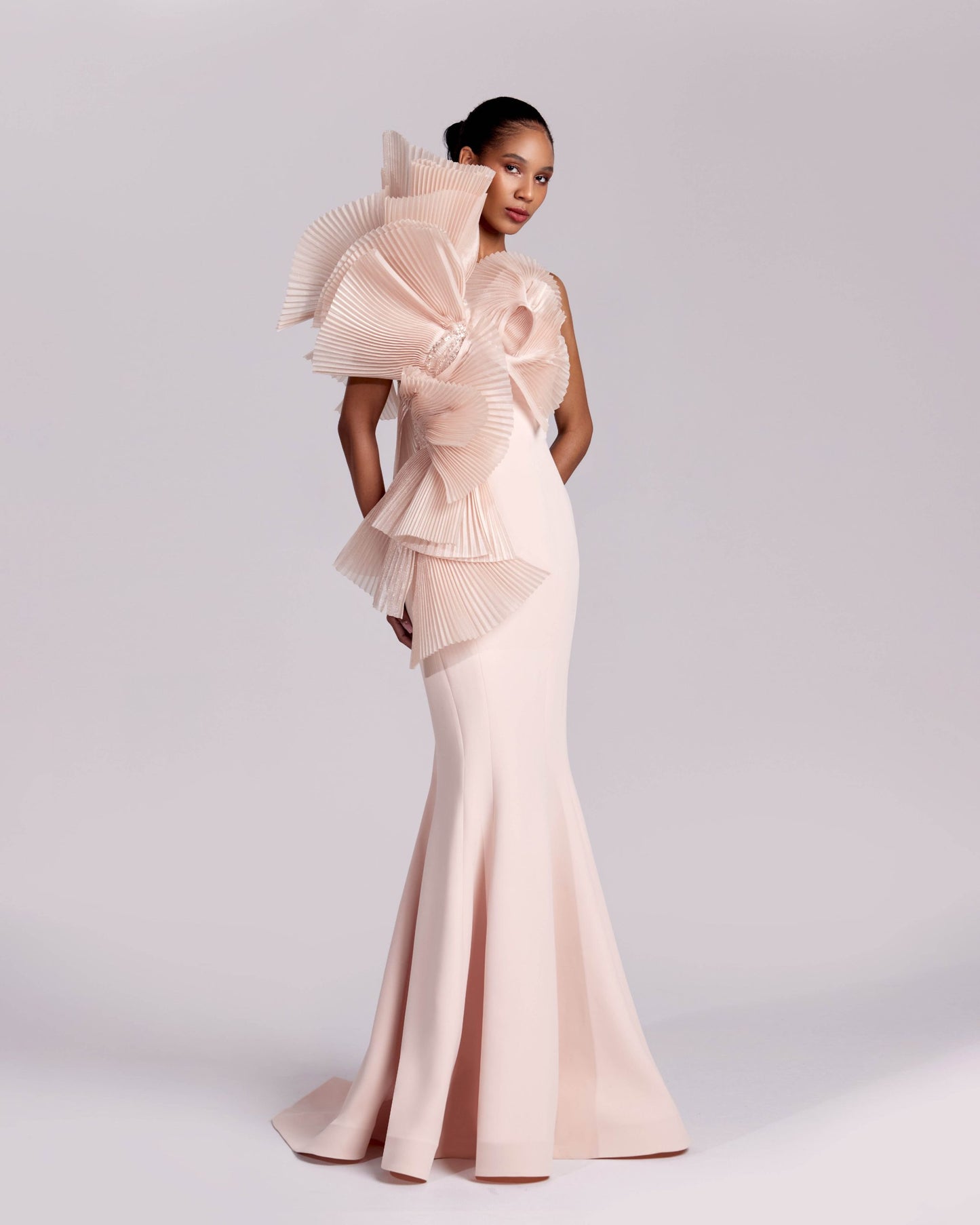 Nude Pink Mermaid Gown with Dramatic Pleated One Shoulder Ruffles