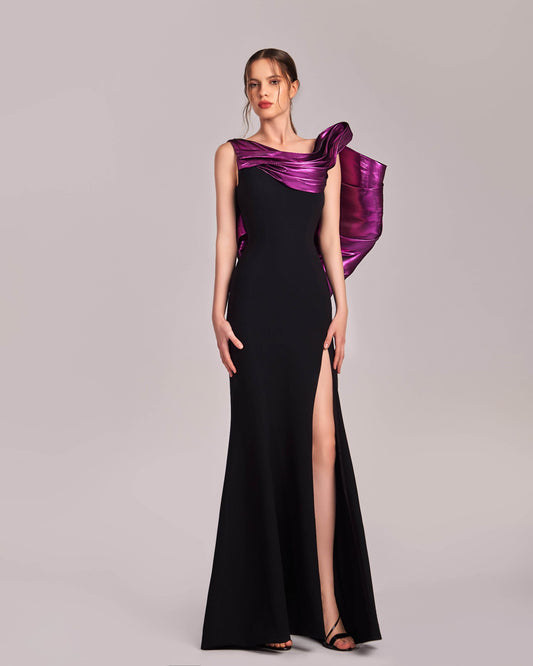 Black Open Back Dress with Metallic Fuchsia Drapes