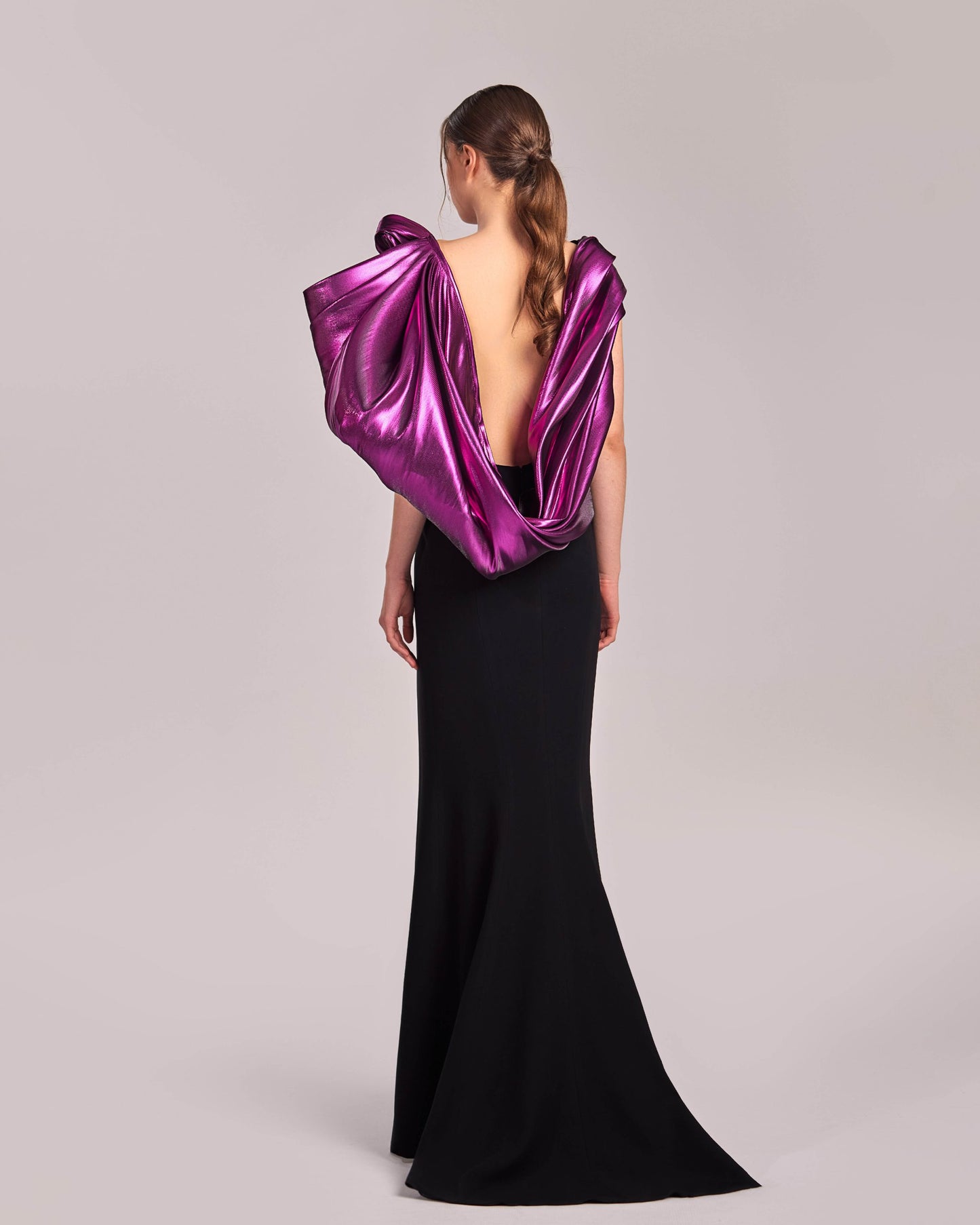 Black Open Back Dress with Metallic Fuchsia Drapes