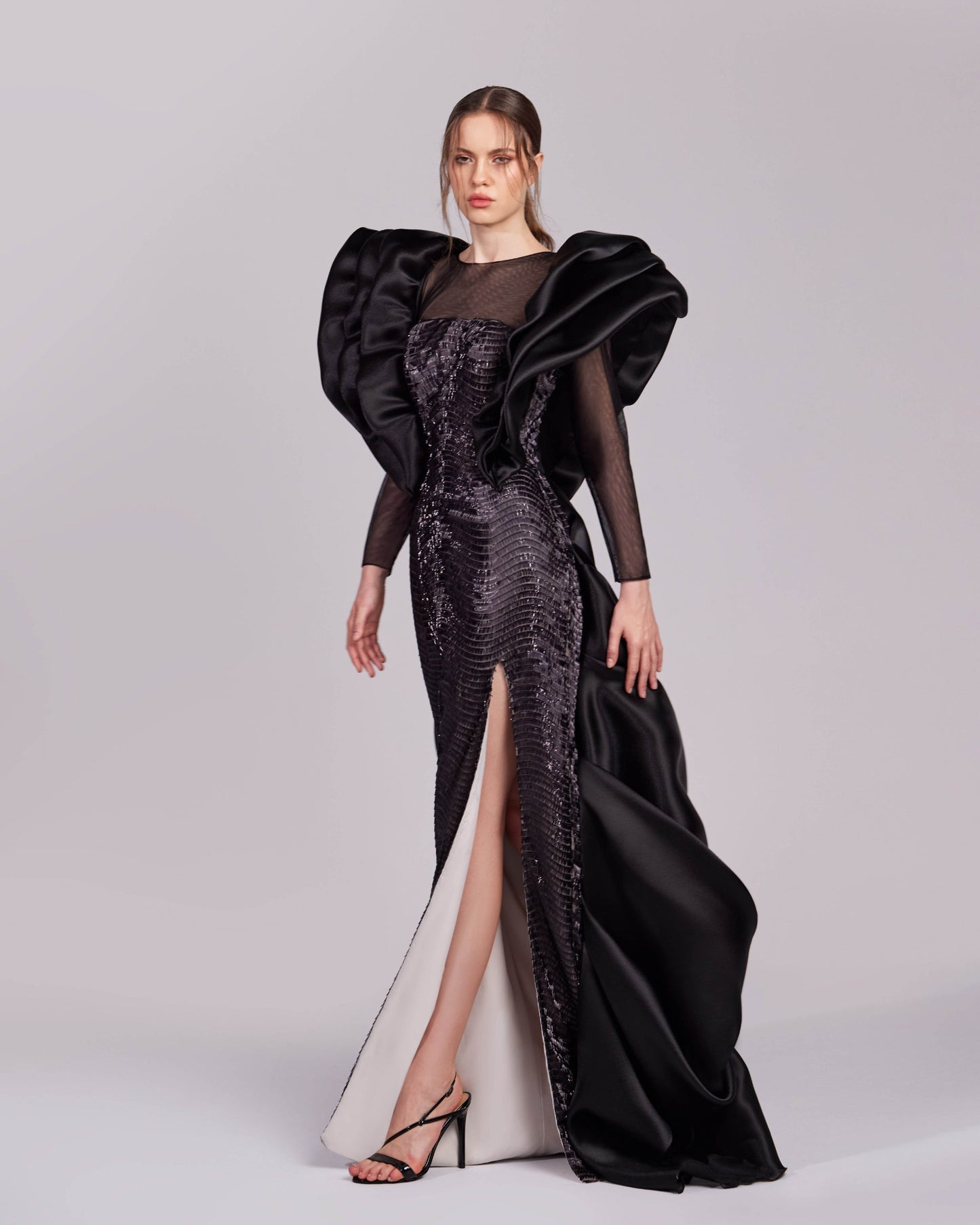 Elegant Black Sequins Gown with Dramatic Shoulders