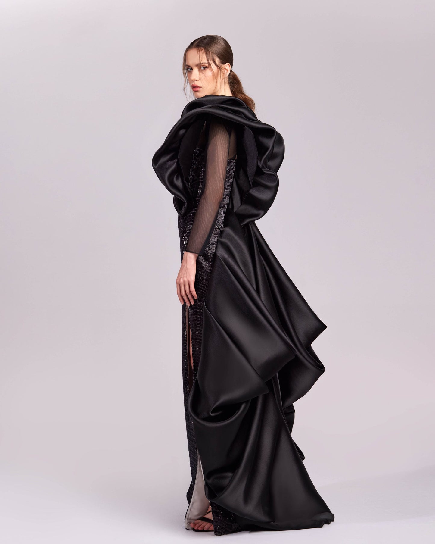 Elegant Black Sequins Gown with Dramatic Shoulders