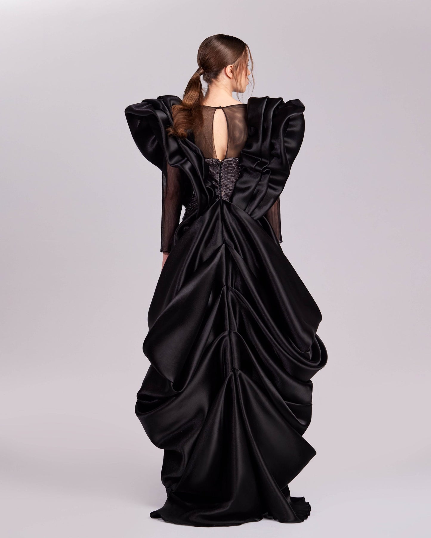 Elegant Black Sequins Gown with Dramatic Shoulders