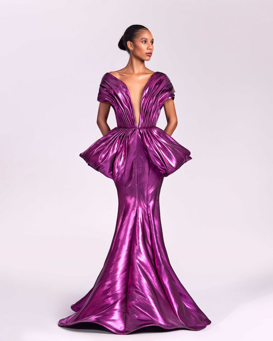 Deep V Metallic Fuchsia Mermaid Dress