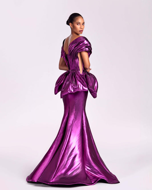 Deep V Metallic Fuchsia Mermaid Dress