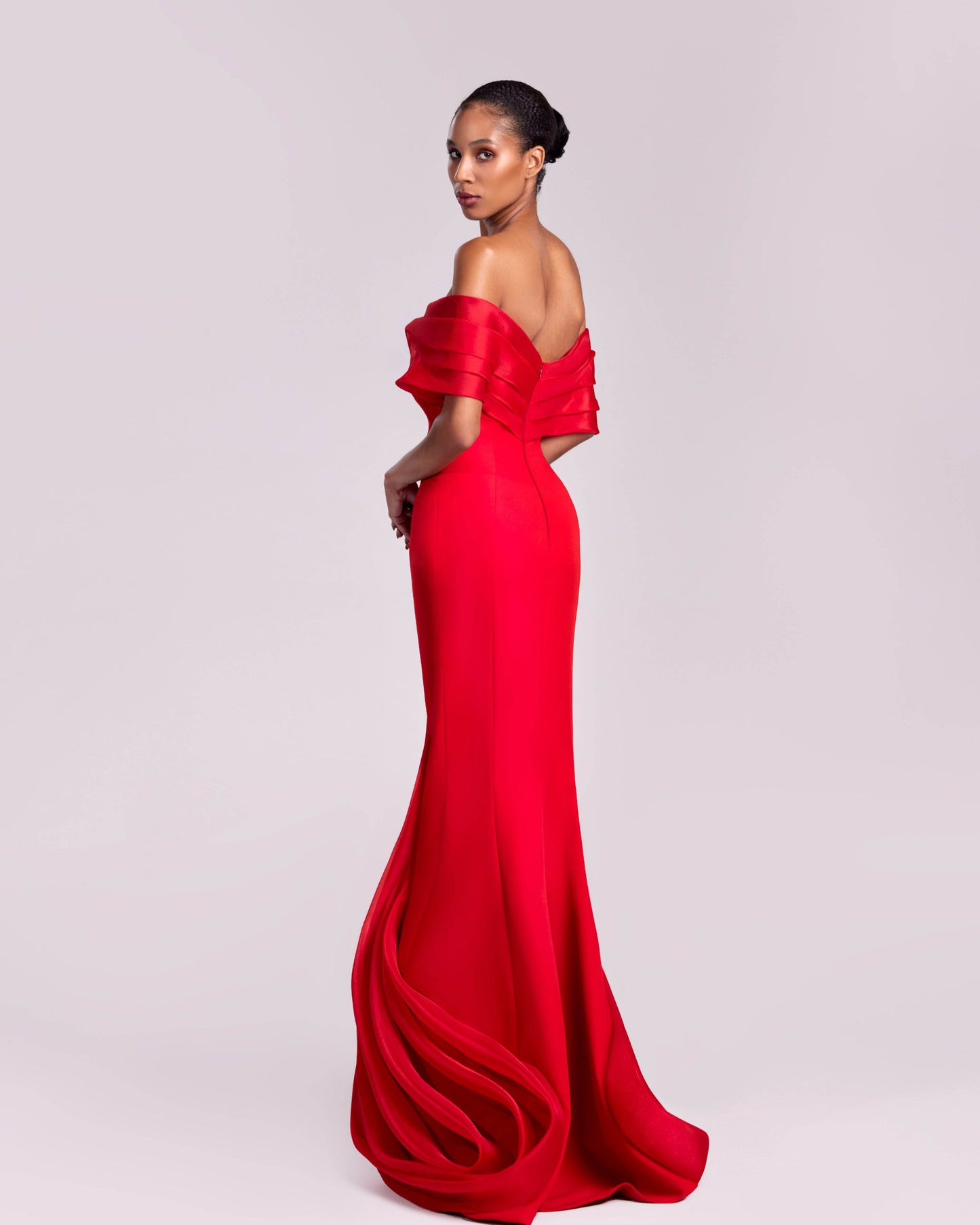Red Off-the-Shoulder Gown with Deep V-Cut and Front Slit