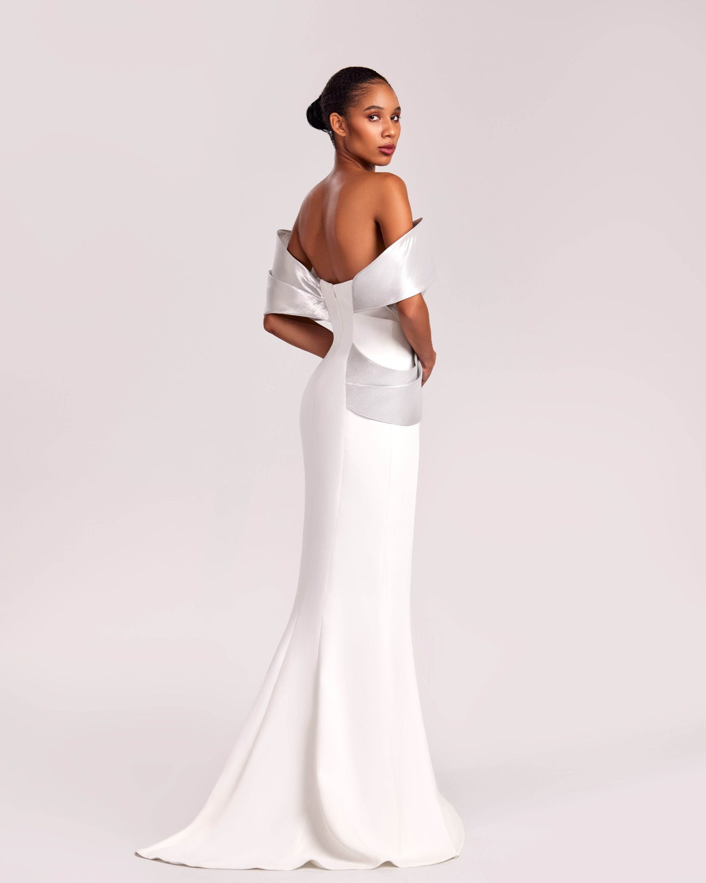 Off-Shoulder White Crepe and Silver Metallic Gown