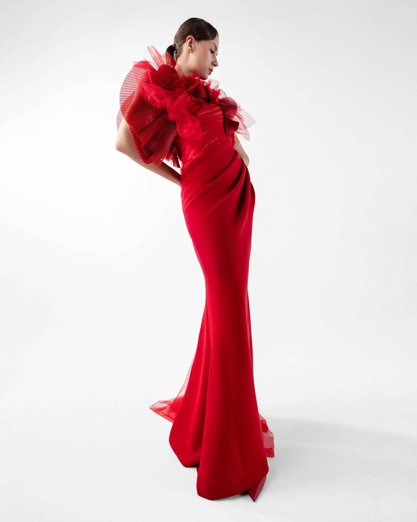Crimson Whisper Red Crepe and Ethereal Tulle Evening Gown