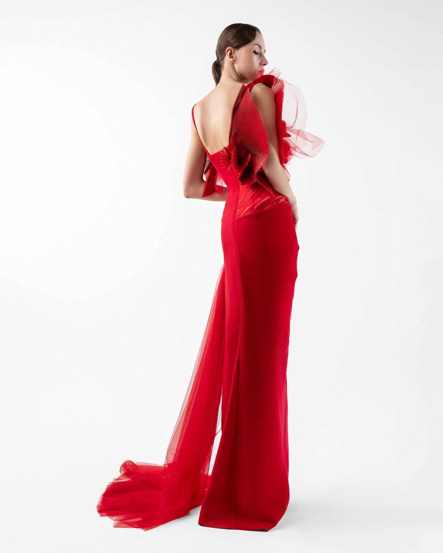 Crimson Whisper Red Crepe and Ethereal Tulle Evening Gown