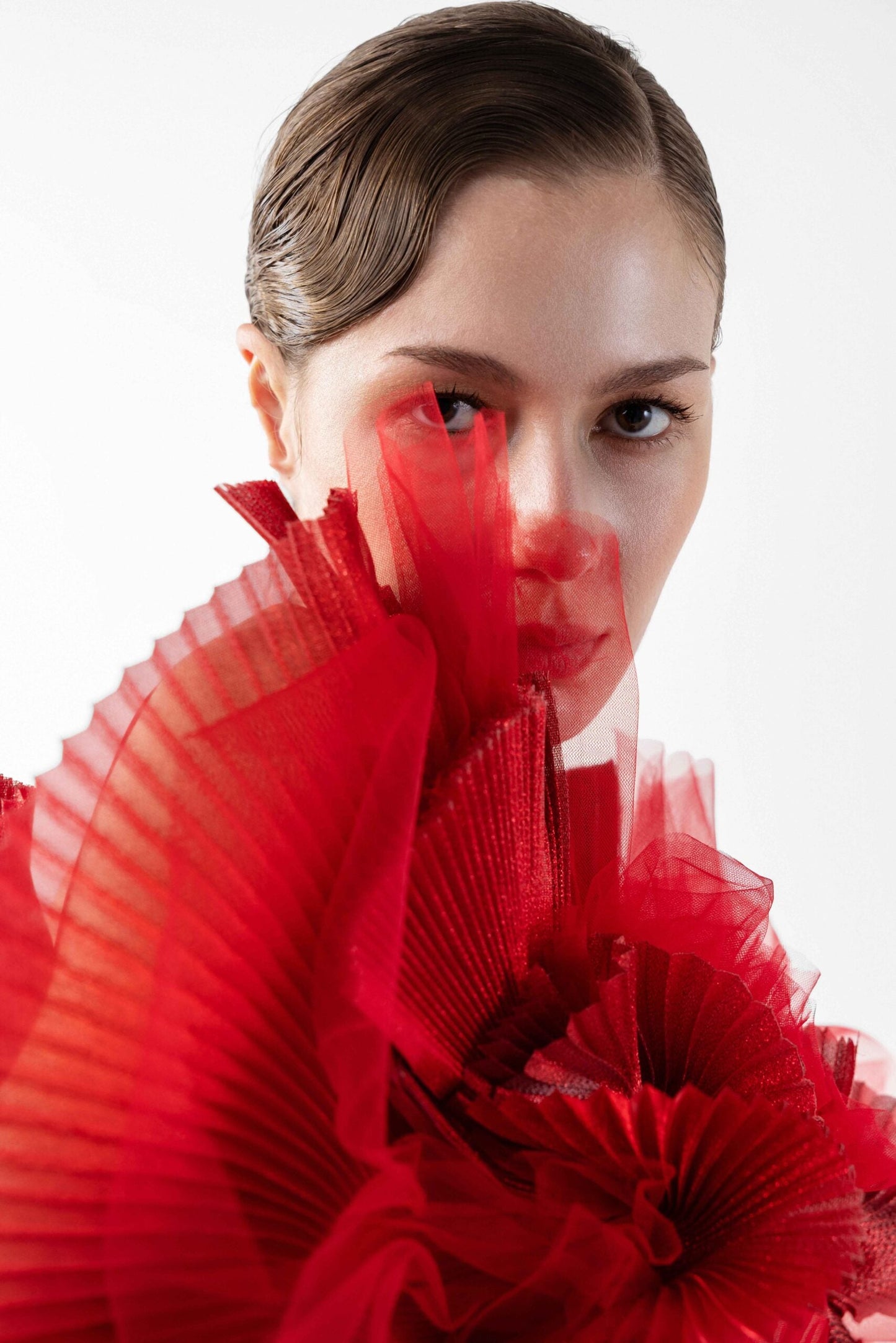 Crimson Whisper Red Crepe and Ethereal Tulle Evening Gown