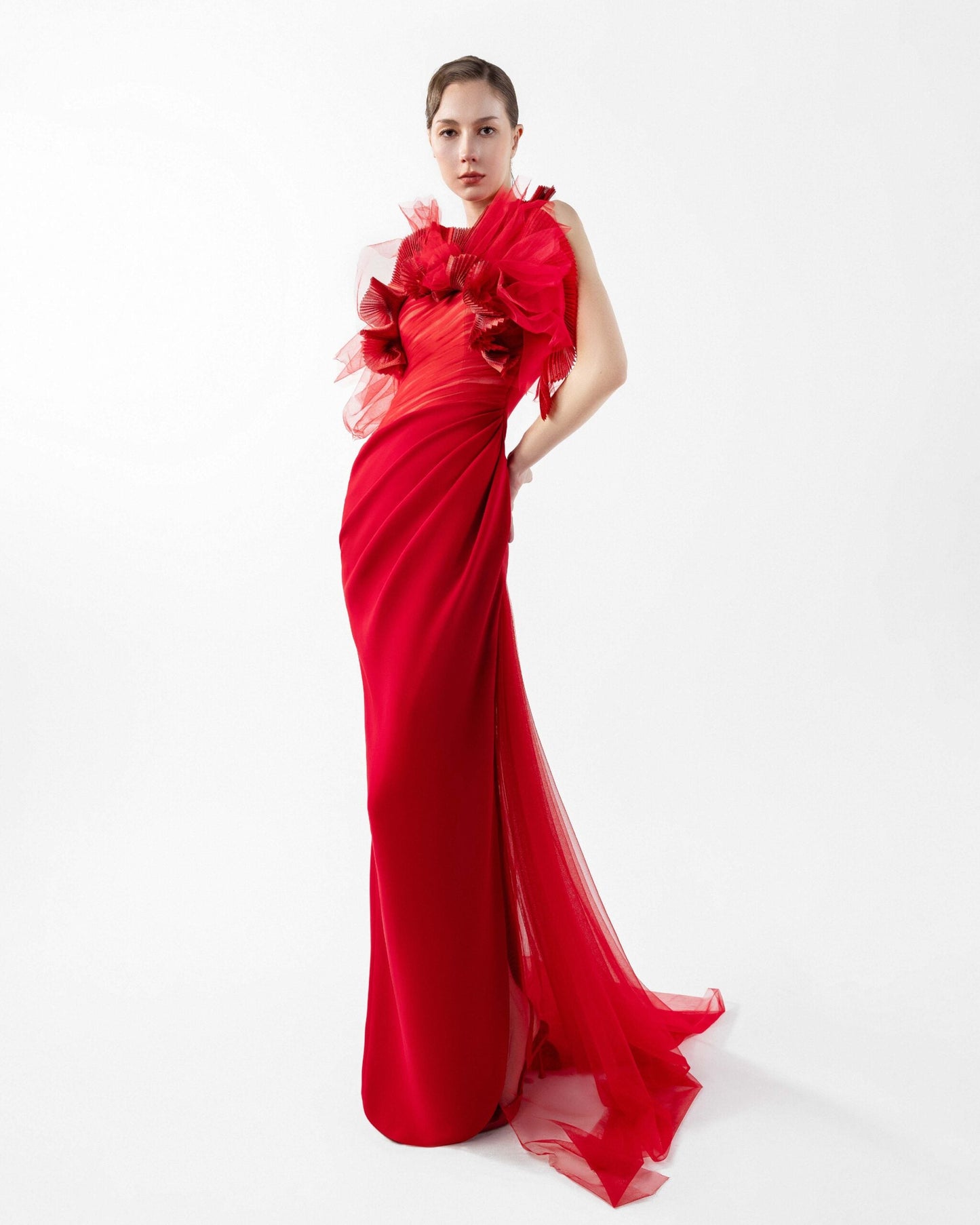Crimson Whisper Red Crepe and Ethereal Tulle Evening Gown
